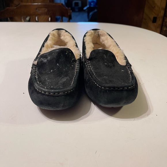 UGG Ansley 7 Black Suede Moccasin Slippers Shearling Fur Lined Lounge Shoe - Picture 4 of 10